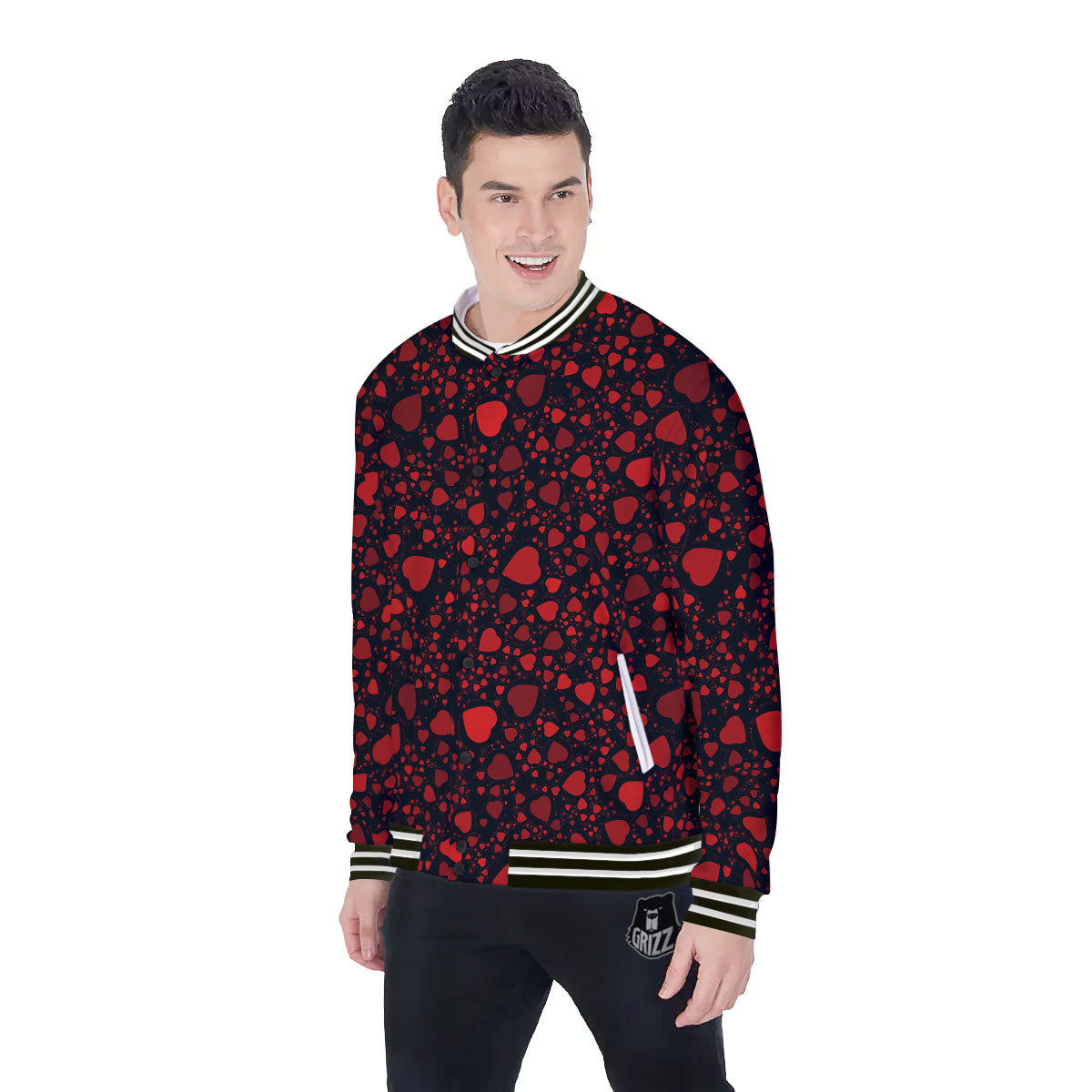 Heart Black And Red Print Pattern Baseball Jacket-grizzshop