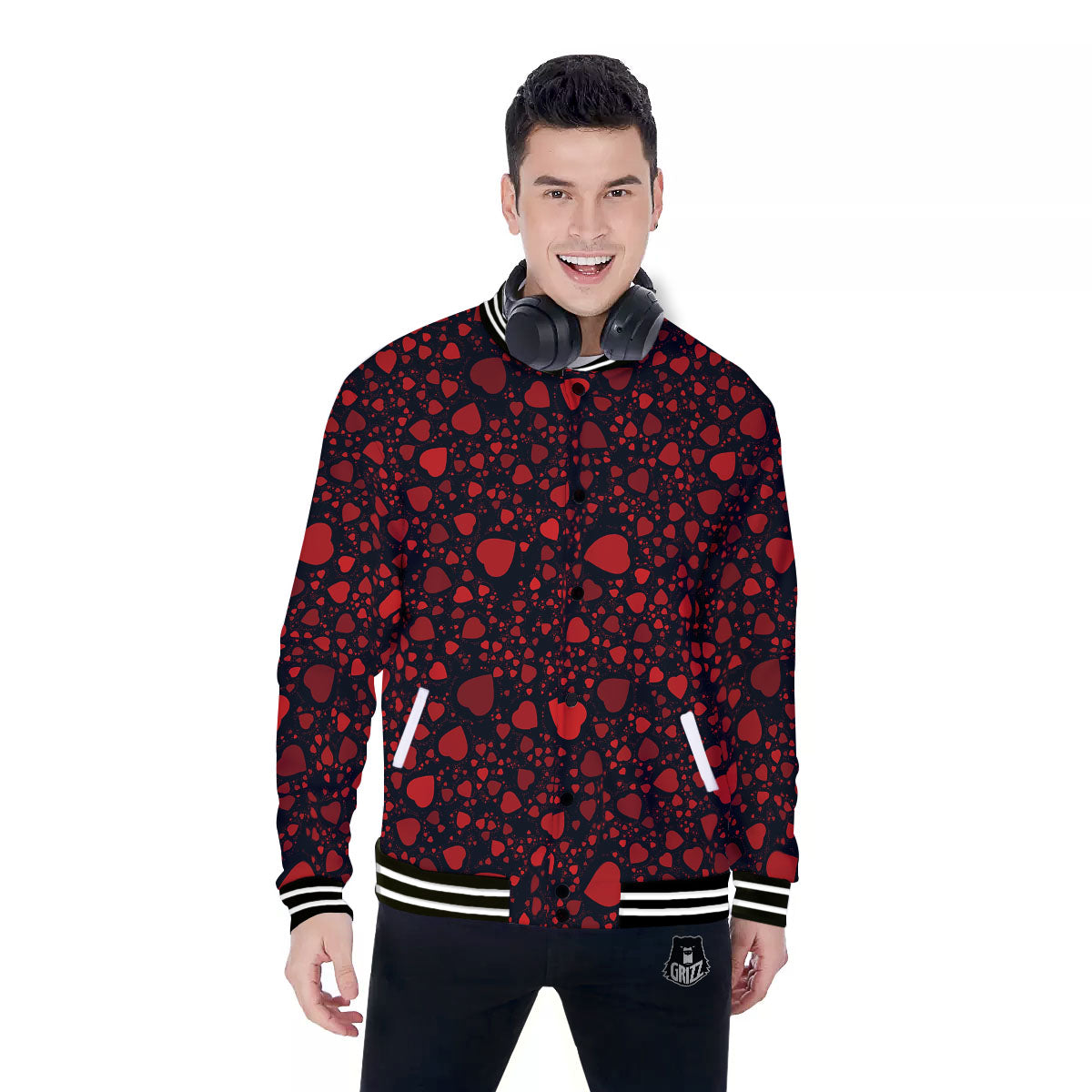 Heart Black And Red Print Pattern Baseball Jacket-grizzshop