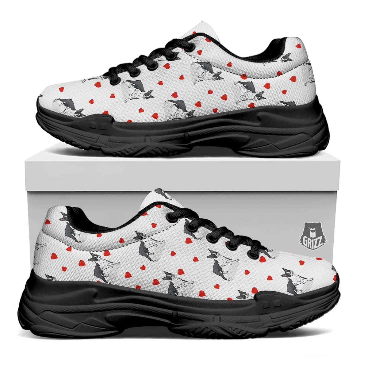 Heart Bull Terrier Print Pattern Black Chunky Shoes-grizzshop