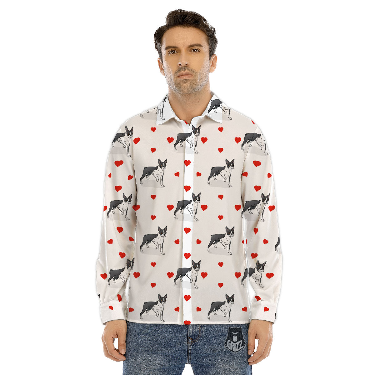 Heart Bull Terrier Print Pattern Men's Dress Shirts-grizzshop