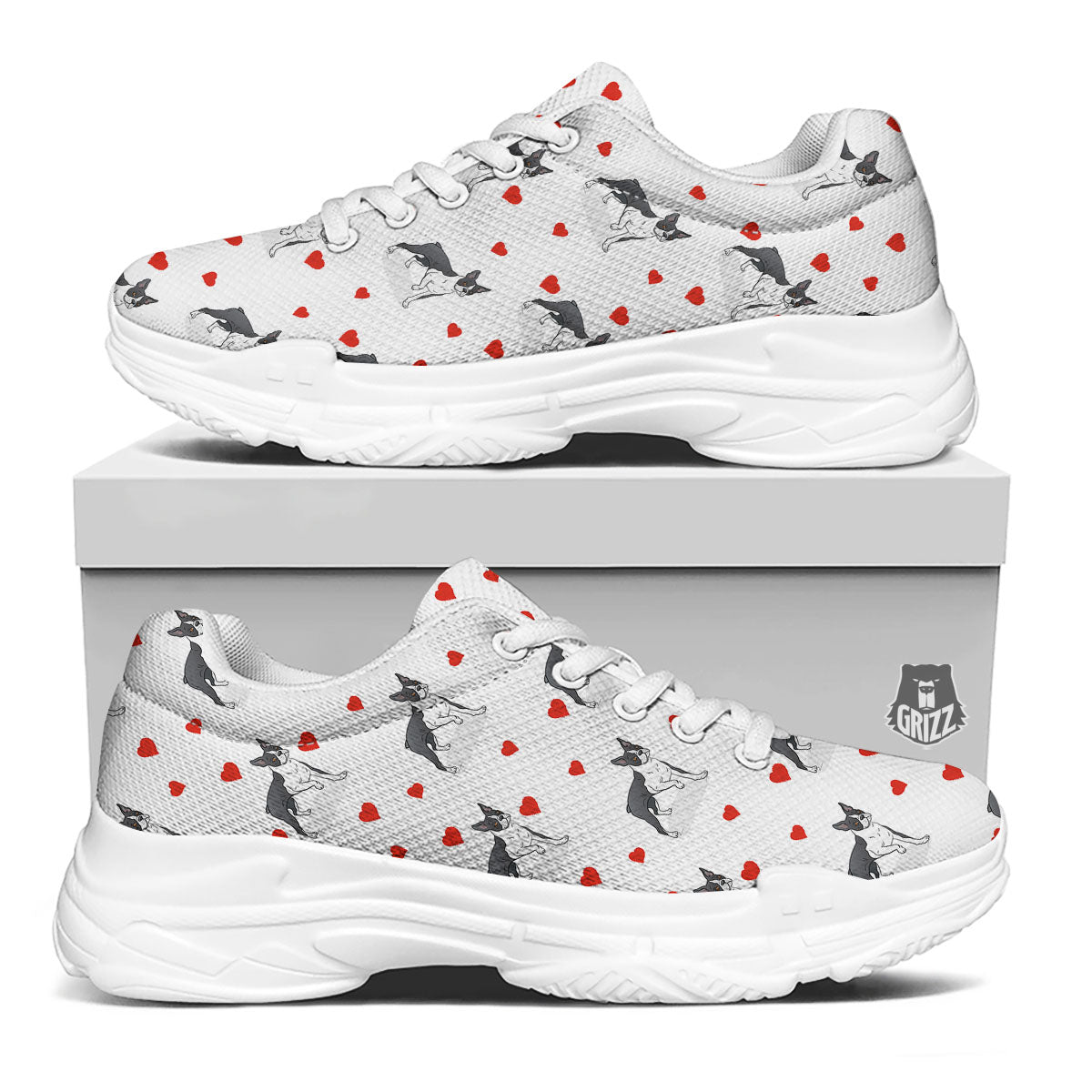 Heart Bull Terrier Print Pattern White Chunky Shoes-grizzshop