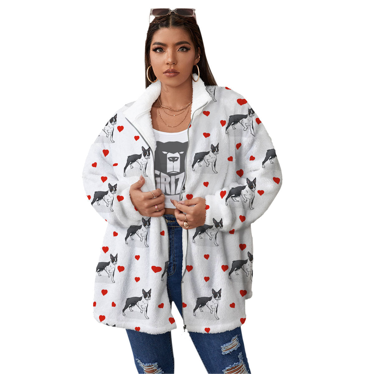 Heart Bull Terrier Print Pattern Women's Sherpa Jacket-grizzshop