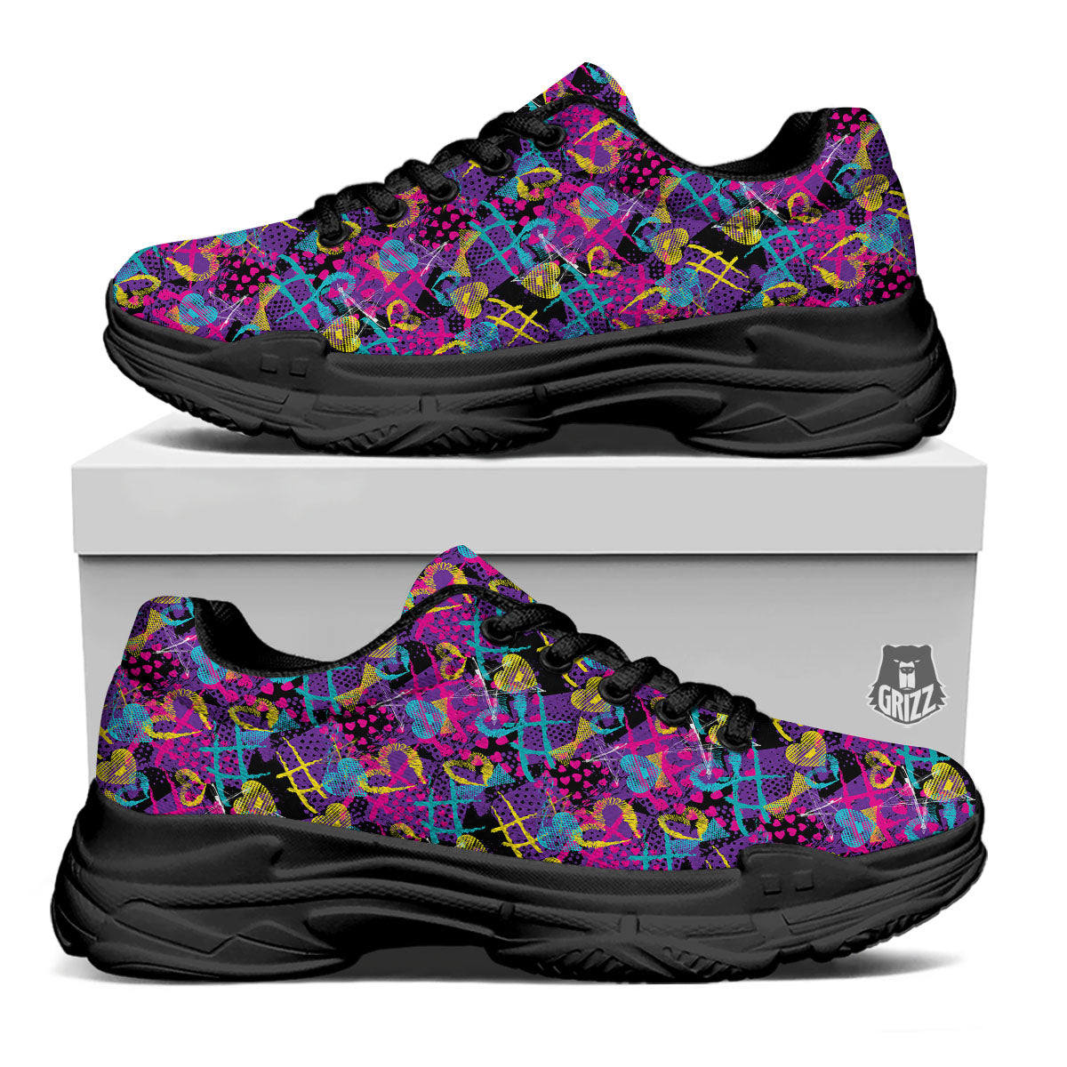 Heart Graffiti Print Pattern Black Chunky Shoes-grizzshop