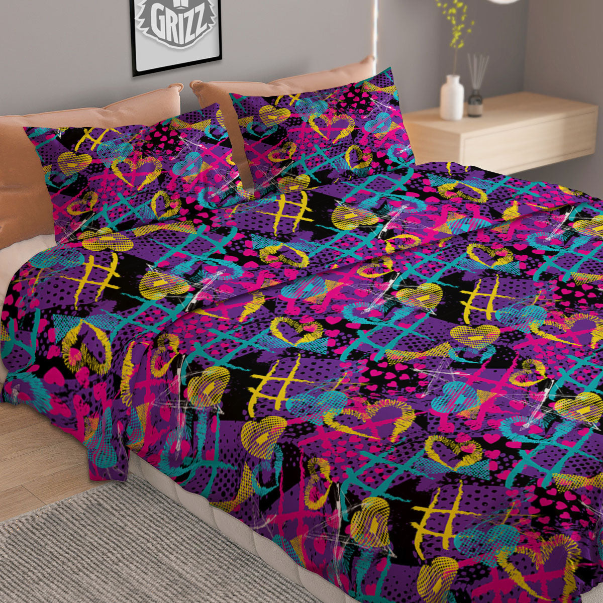 Heart Graffiti Print Pattern Duvet Cover Bedding Set