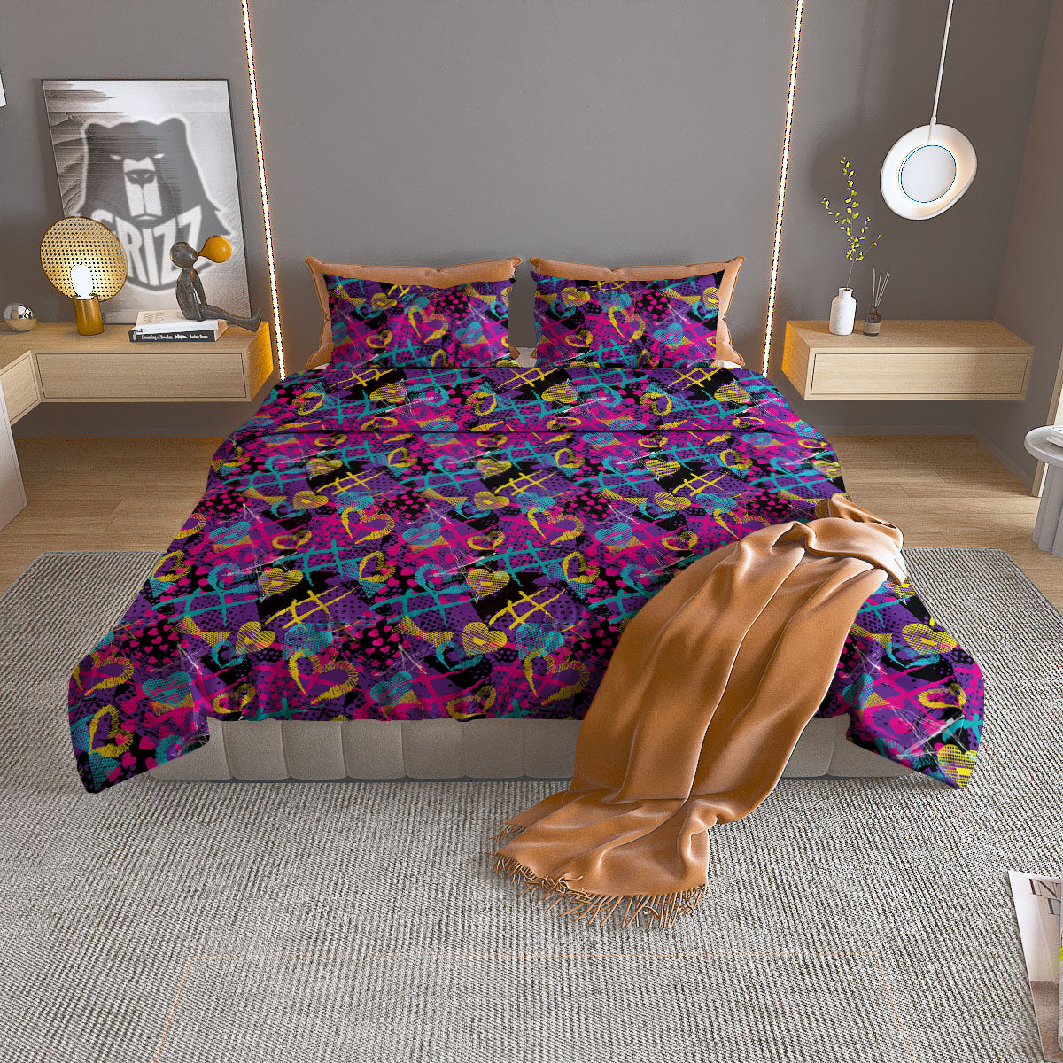 Heart Graffiti Print Pattern Duvet Cover Bedding Set