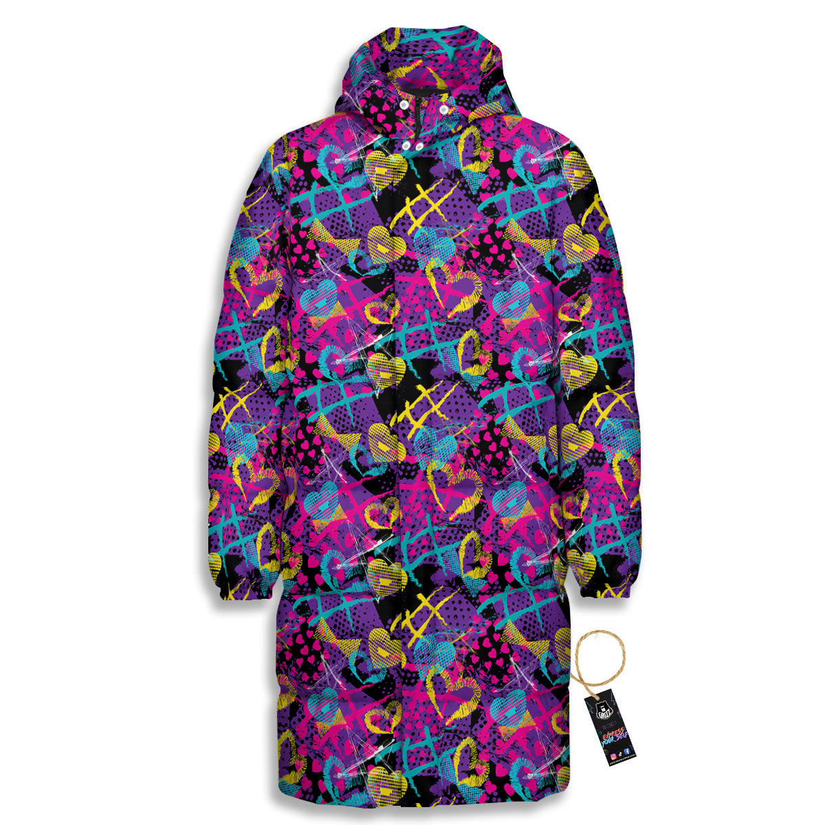 Heart Graffiti Print Pattern Long Down Jacket-grizzshop