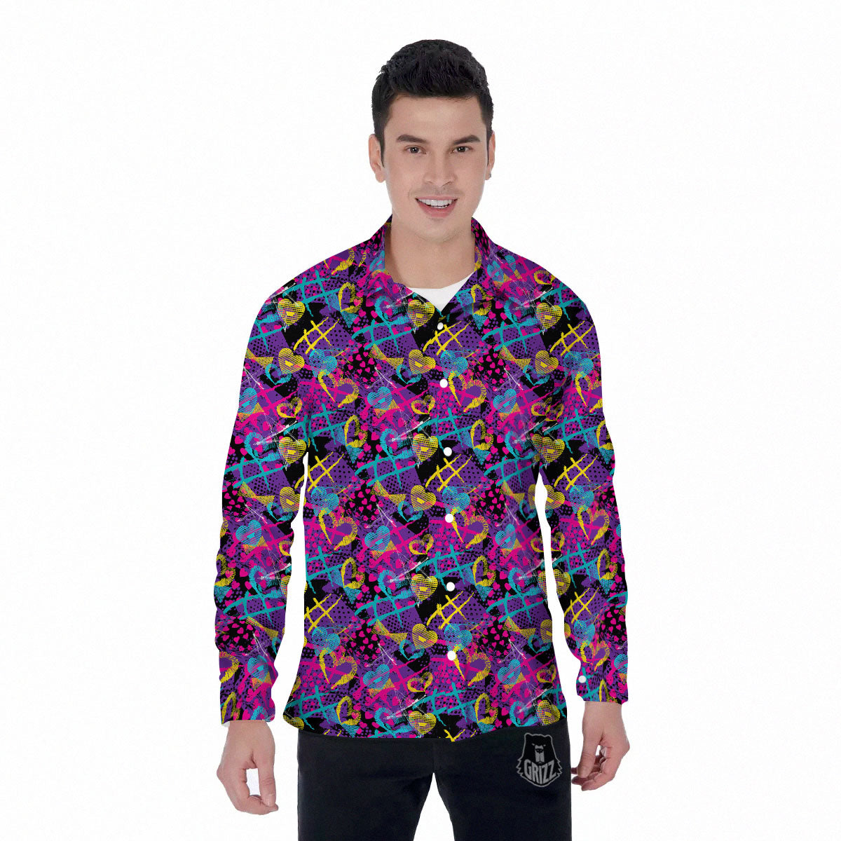 Heart Graffiti Print Pattern Men's Long Sleeve Shirts-grizzshop