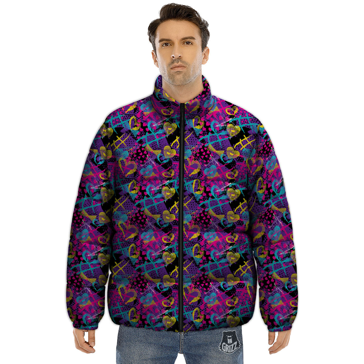 Heart Graffiti Print Pattern Puffer Jacket-grizzshop