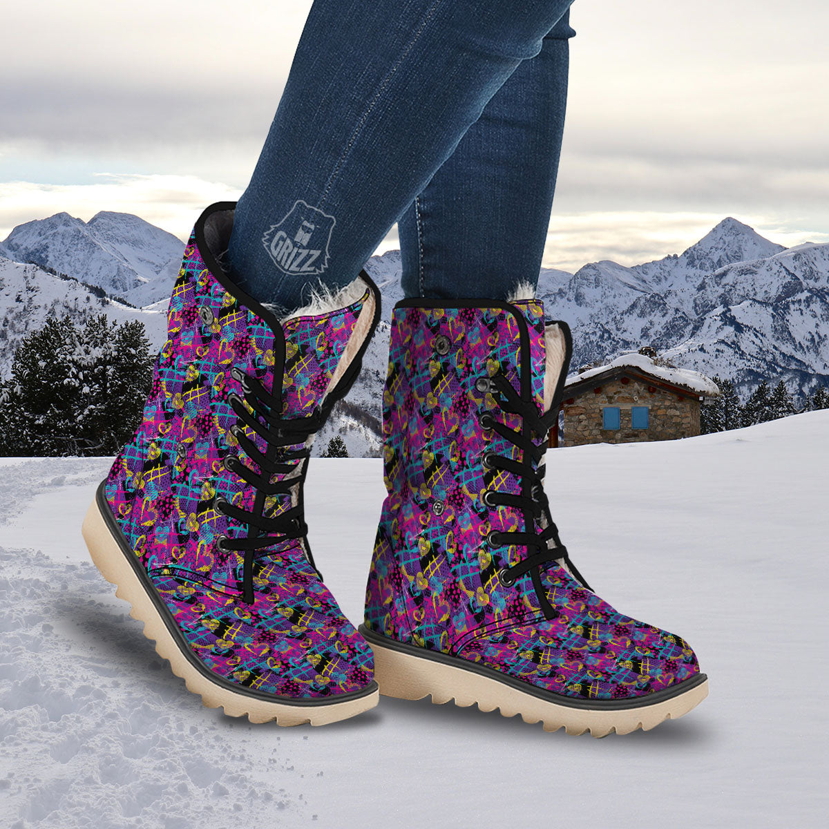 Heart Graffiti Print Pattern Snow Boots-grizzshop