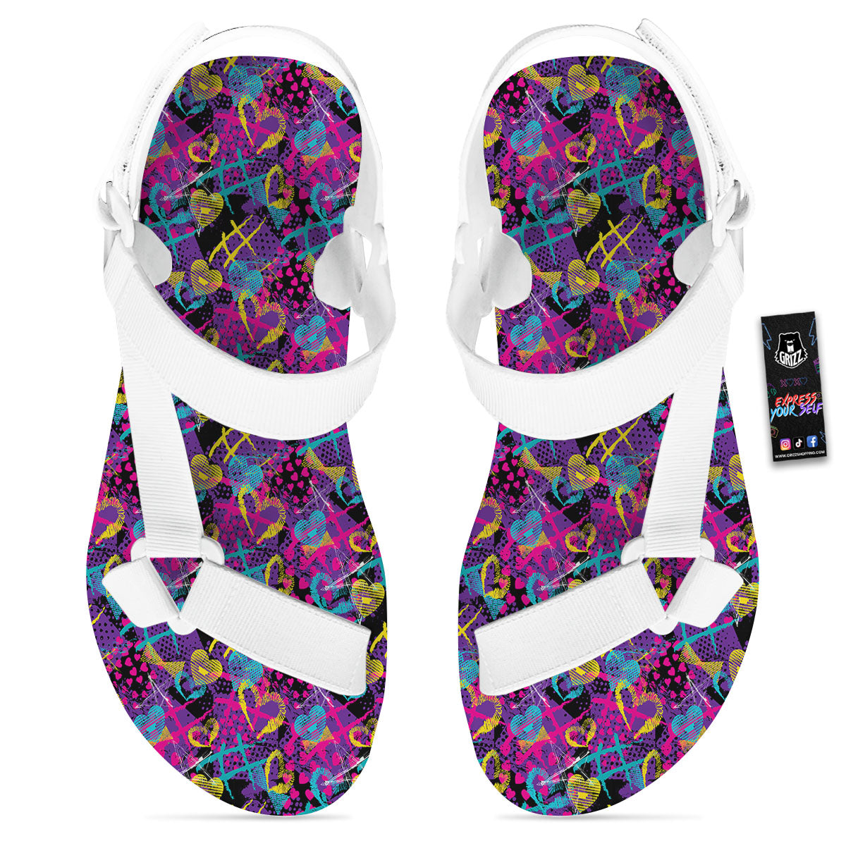 Heart Graffiti Print Pattern White Open Toe Sandals-grizzshop