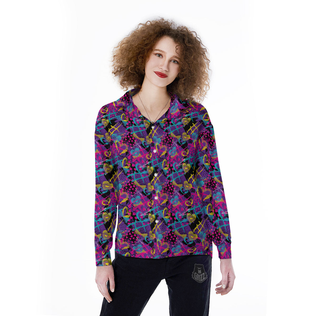 Heart Graffiti Print Pattern Women's Long Sleeve Shirts-grizzshop