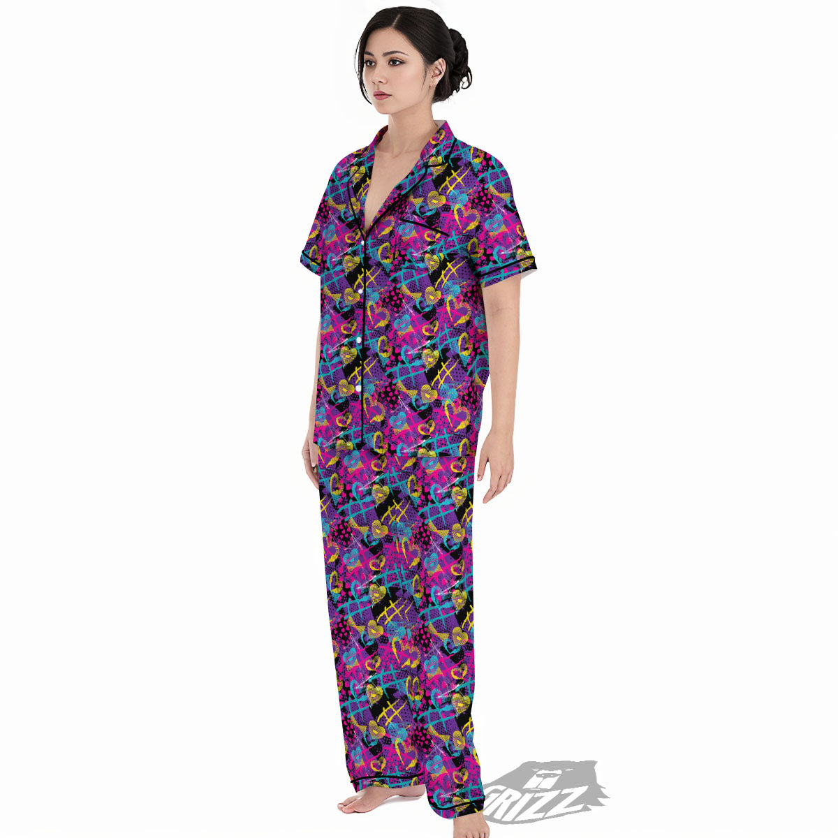 Heart Graffiti Print Pattern Women's Pajamas Set-grizzshop