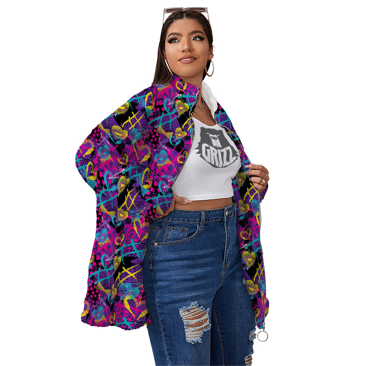 Heart Graffiti Print Pattern Women's Sherpa Jacket-grizzshop