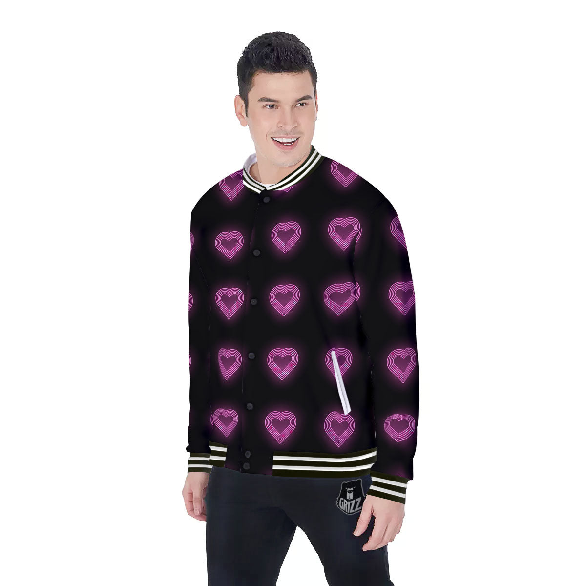 Heart Lights Print Pattern Baseball Jacket-grizzshop