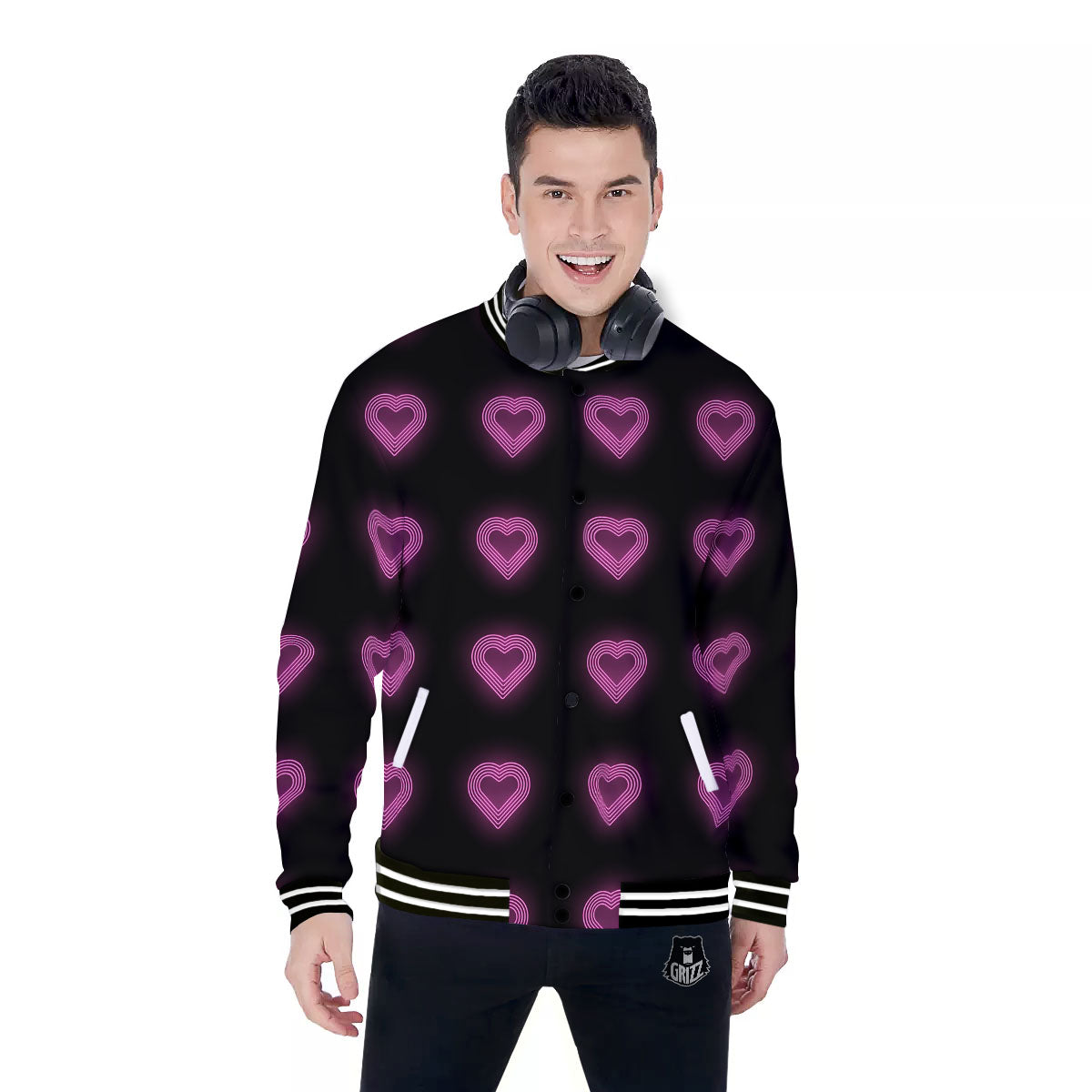 Heart Lights Print Pattern Baseball Jacket-grizzshop