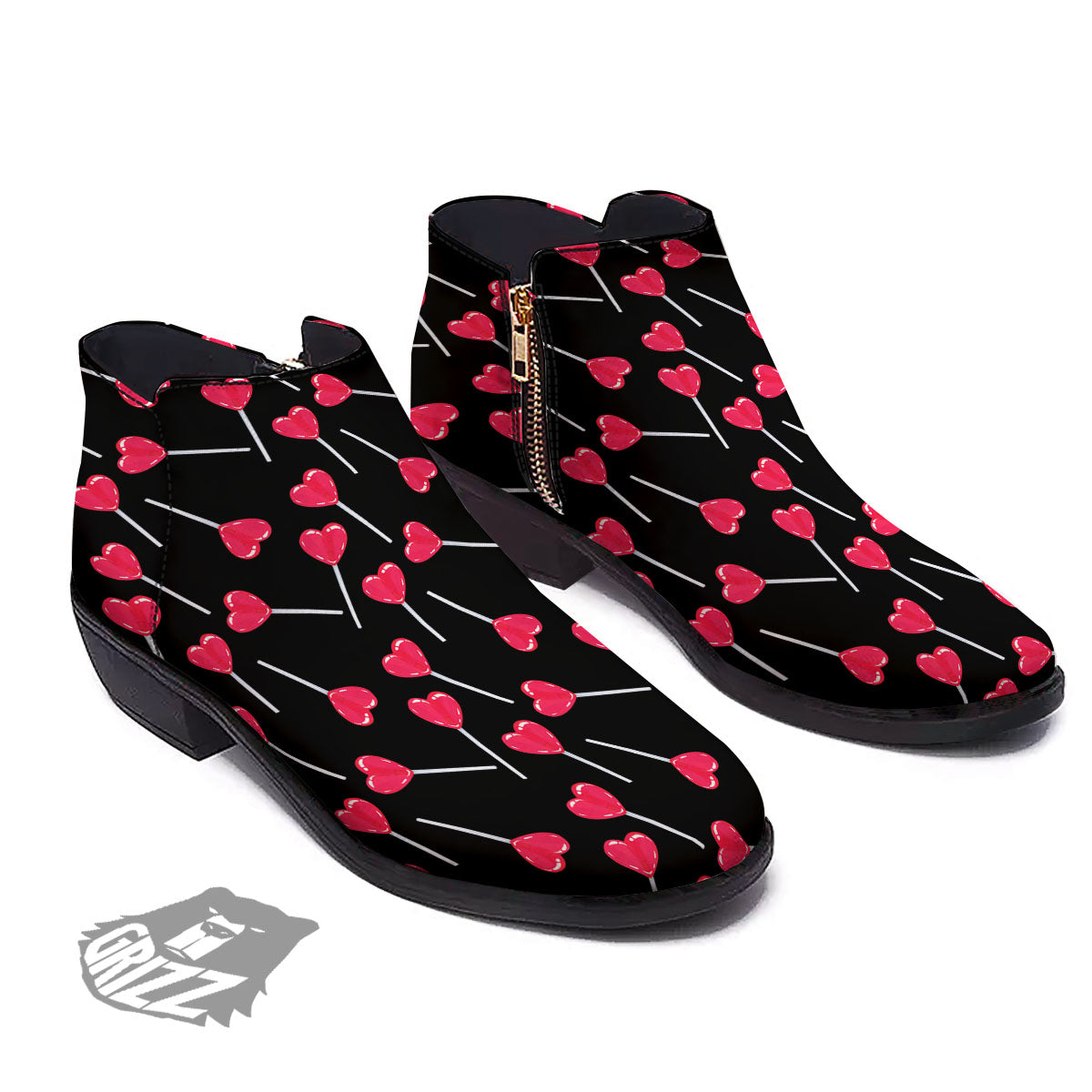 Heart Pink Lollipop Print Pattern Ankle Boots-grizzshop
