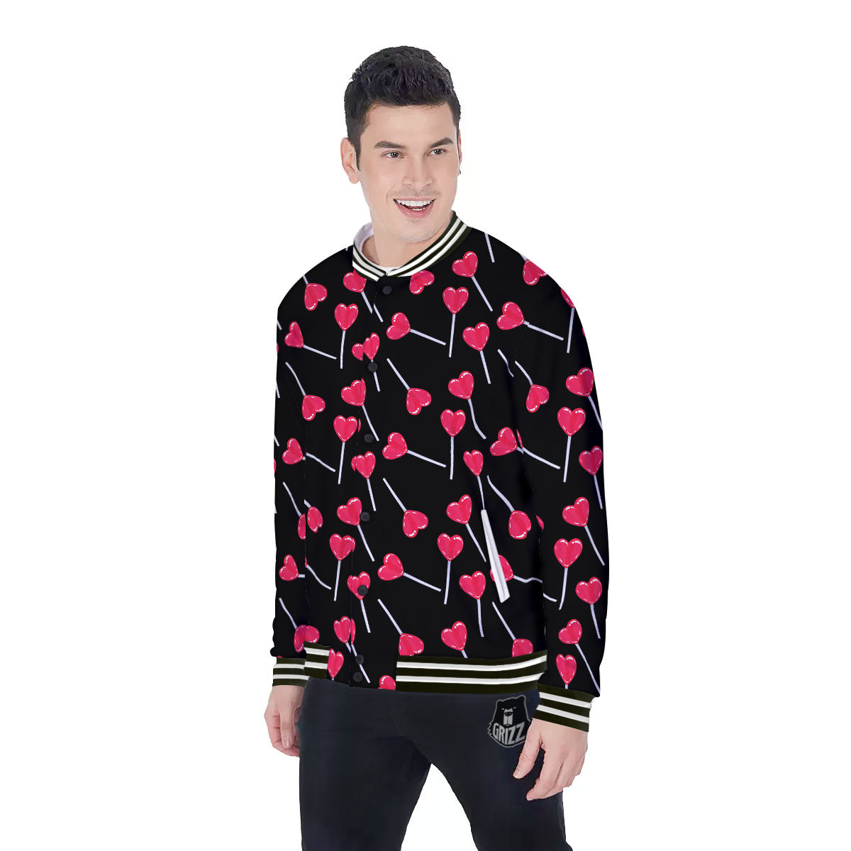 Heart Pink Lollipop Print Pattern Baseball Jacket-grizzshop
