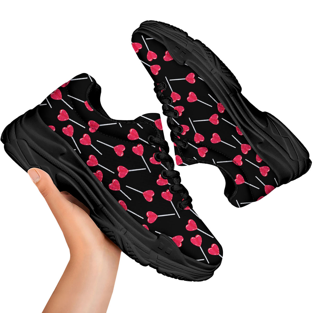 Heart Pink Lollipop Print Pattern Black Chunky Shoes-grizzshop