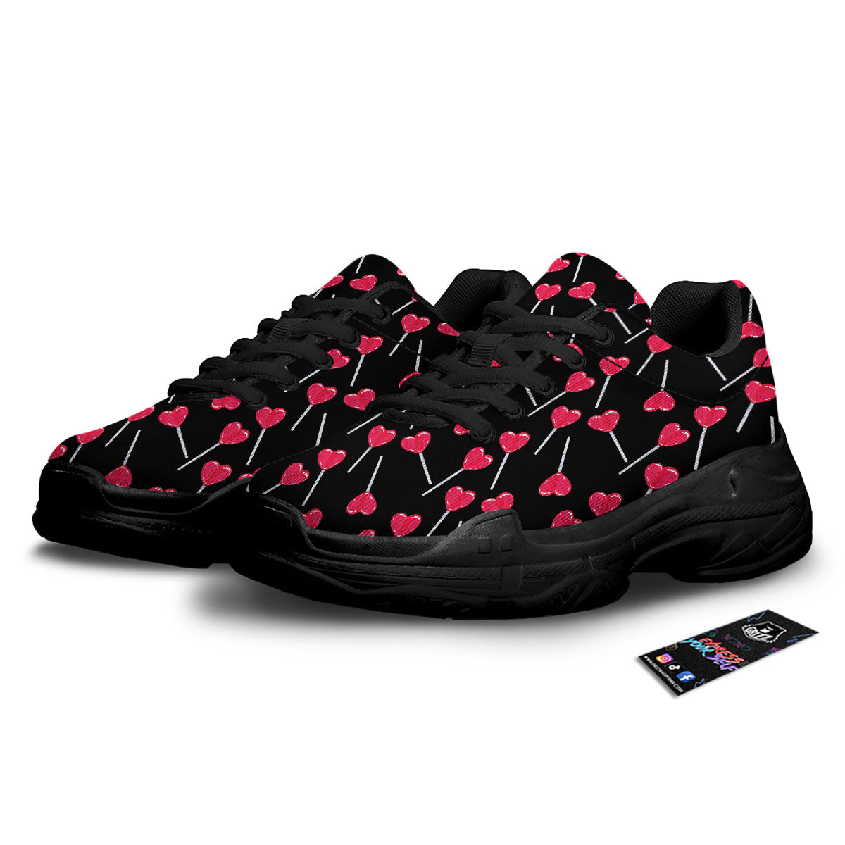 Heart Pink Lollipop Print Pattern Black Chunky Shoes-grizzshop