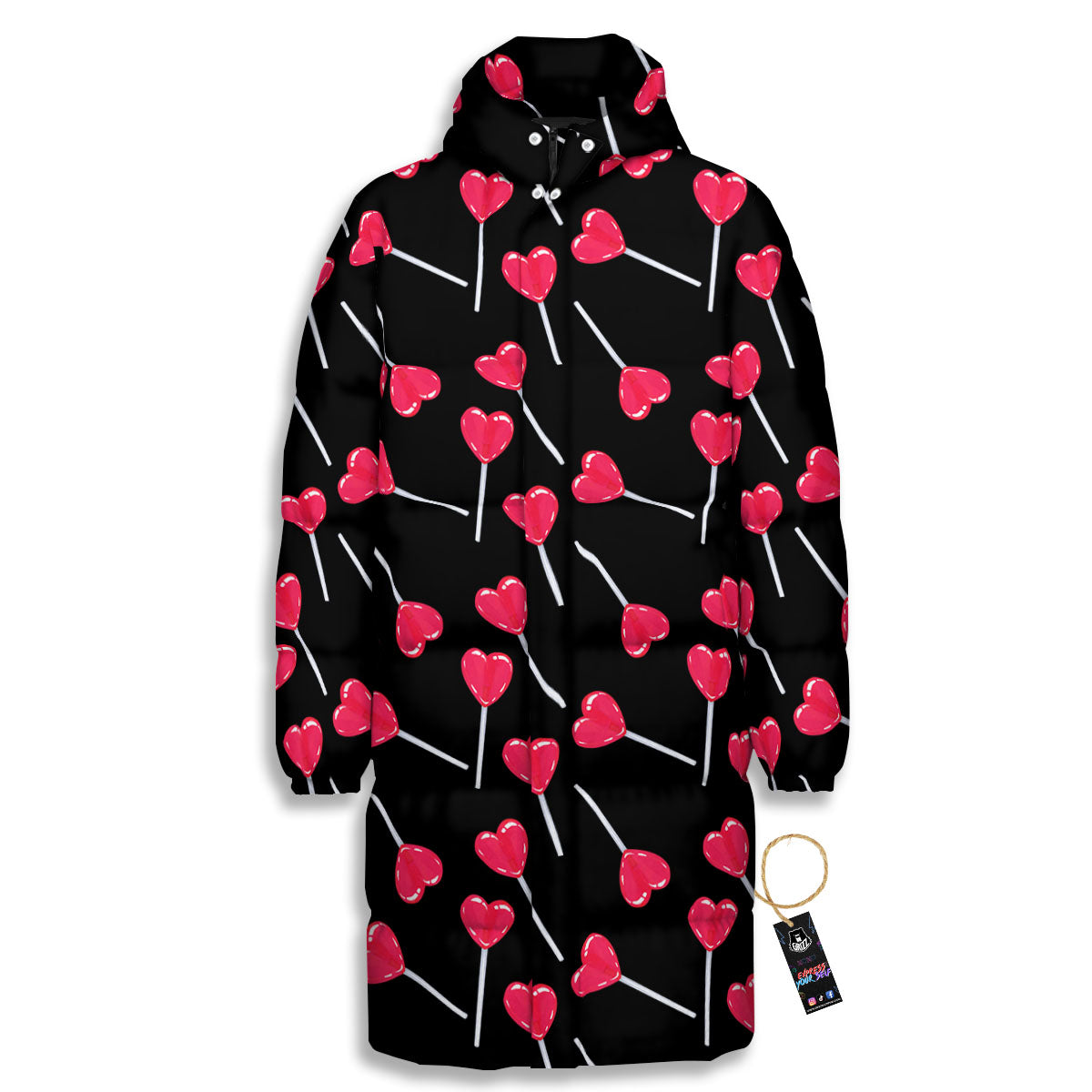 Heart Pink Lollipop Print Pattern Long Down Jacket-grizzshop