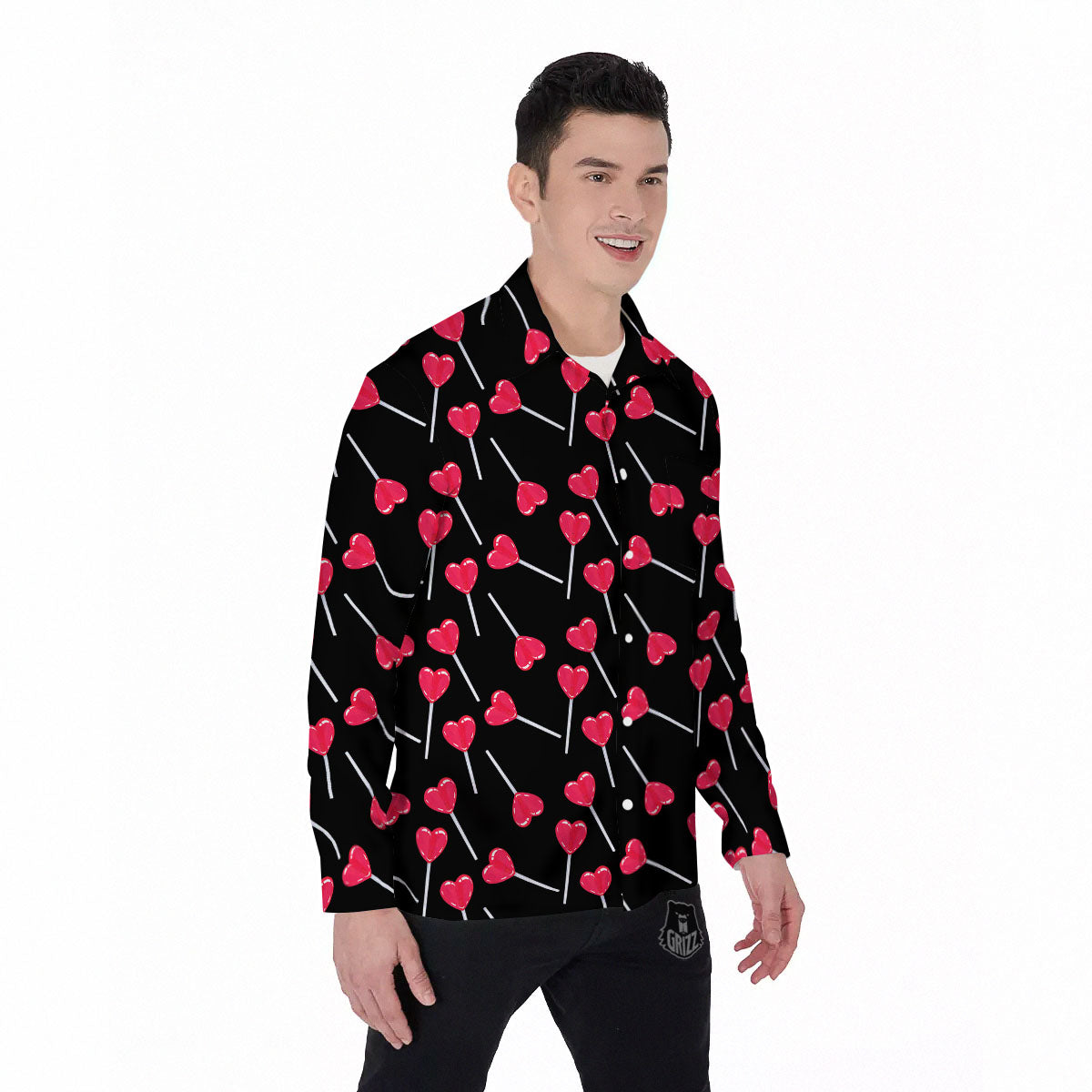 Heart Pink Lollipop Print Pattern Men's Long Sleeve Shirts-grizzshop