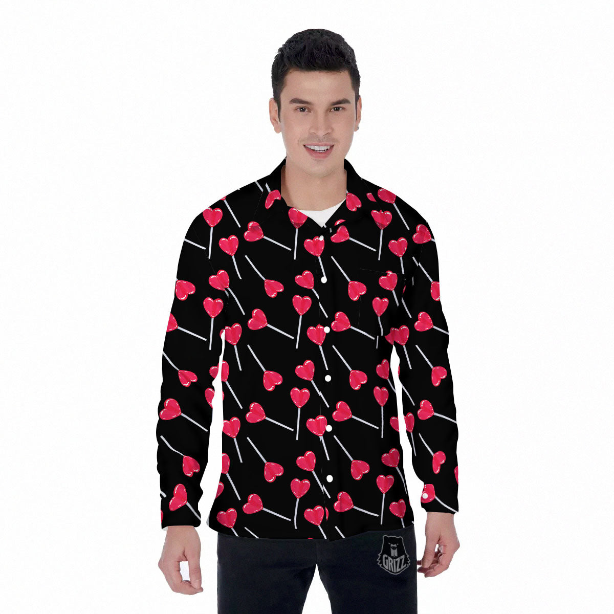 Heart Pink Lollipop Print Pattern Men's Long Sleeve Shirts-grizzshop