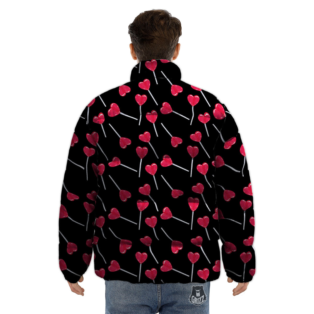 Heart Pink Lollipop Print Pattern Puffer Jacket-grizzshop