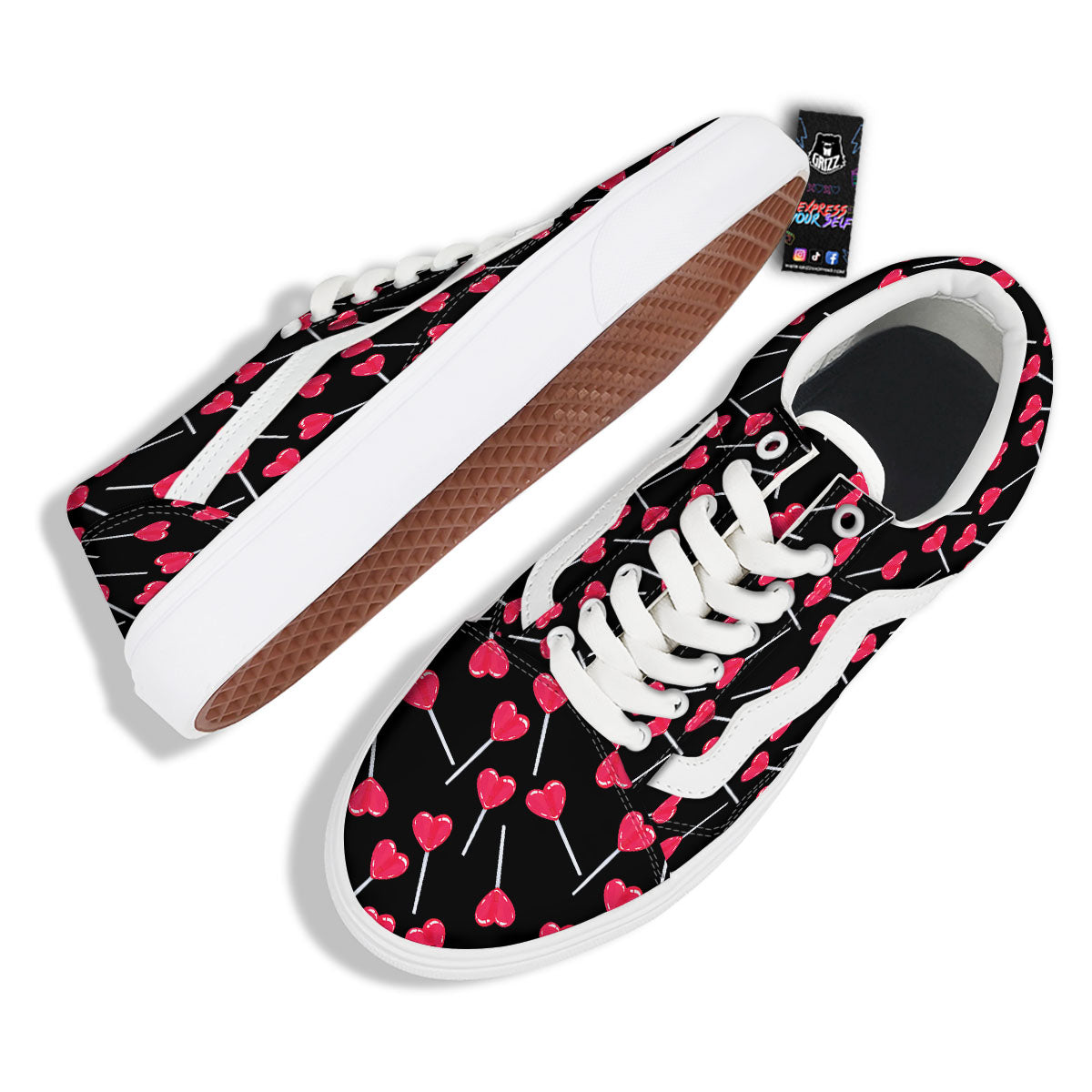 Heart Pink Lollipop Print Pattern Skate Shoes-grizzshop