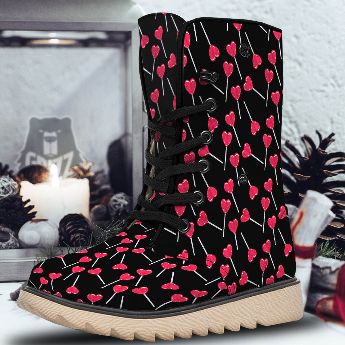 Heart Pink Lollipop Print Pattern Snow Boots-grizzshop