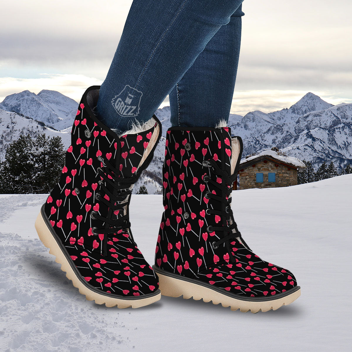 Heart Pink Lollipop Print Pattern Snow Boots-grizzshop