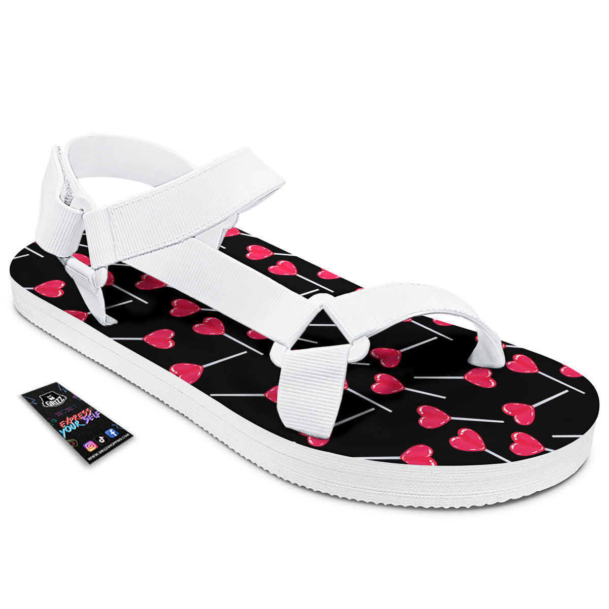 Heart Pink Lollipop Print Pattern White Open Toe Sandals-grizzshop