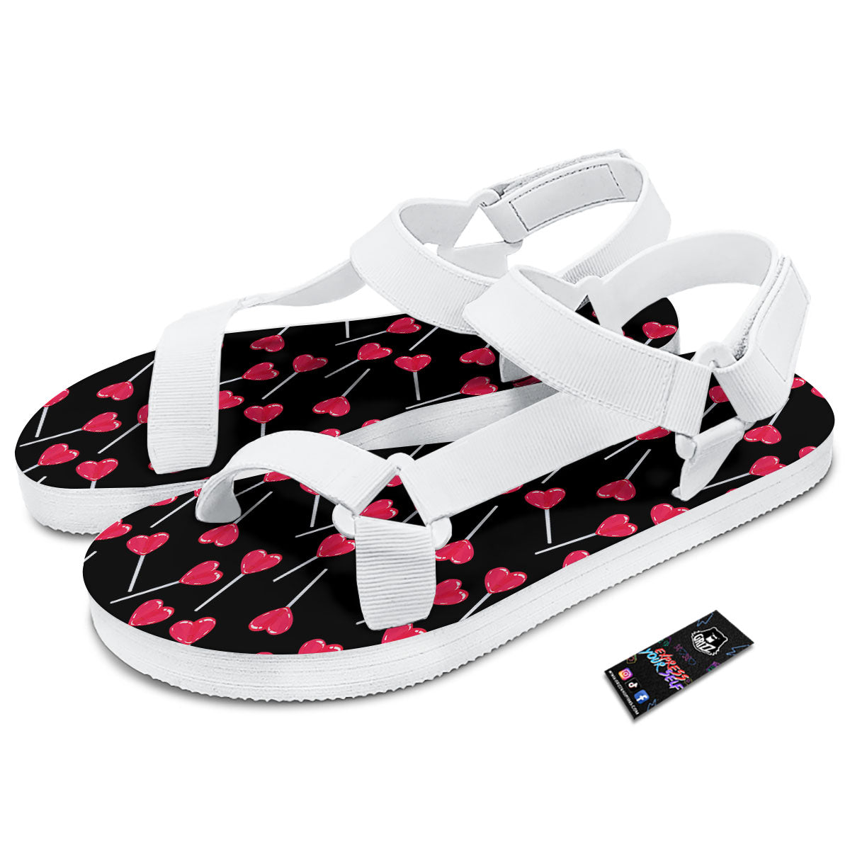 Heart Pink Lollipop Print Pattern White Open Toe Sandals-grizzshop