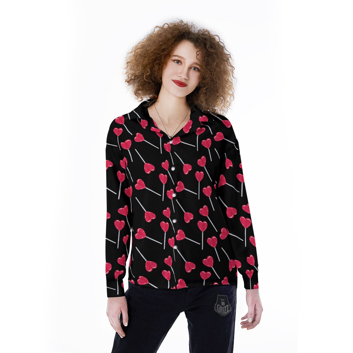 Heart Pink Lollipop Print Pattern Women's Long Sleeve Shirts-grizzshop