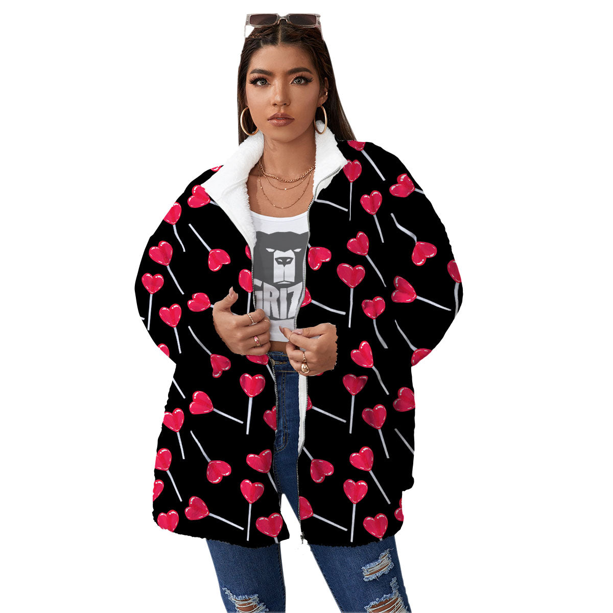 Heart Pink Lollipop Print Pattern Women's Sherpa Jacket-grizzshop