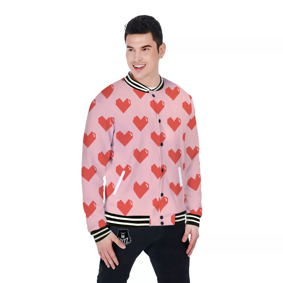 Heart Pixel Print Pattern Baseball Jacket-grizzshop
