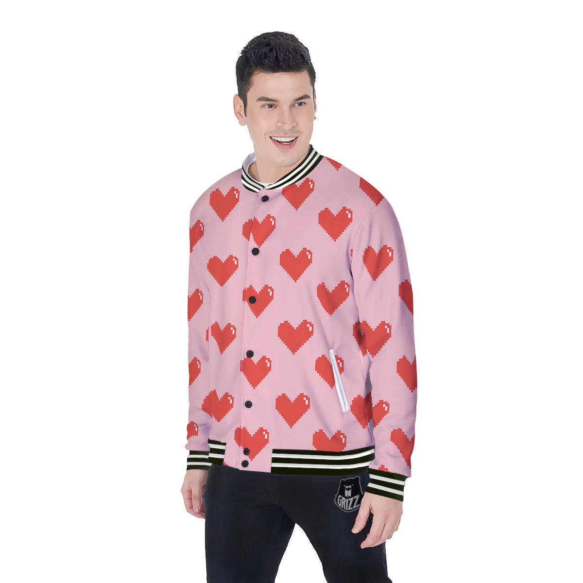 Heart Pixel Print Pattern Baseball Jacket-grizzshop