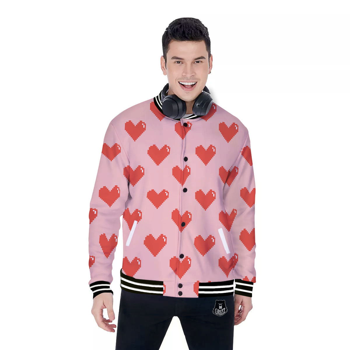 Heart Pixel Print Pattern Baseball Jacket-grizzshop