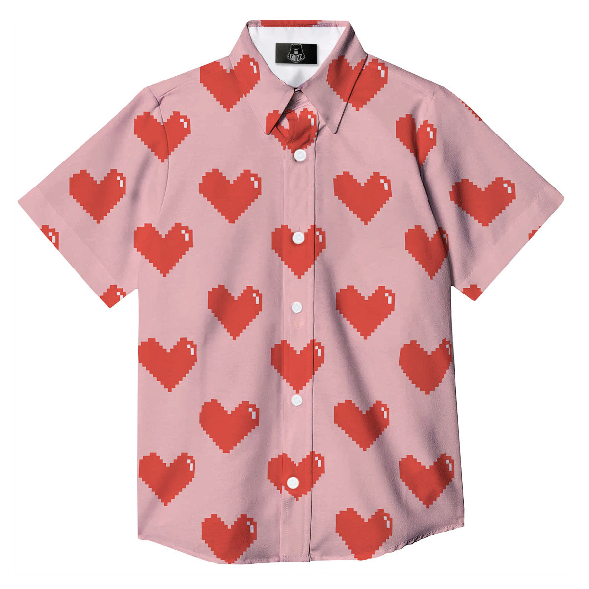 Heart Pixel Print Pattern Button Up Shirt-grizzshop