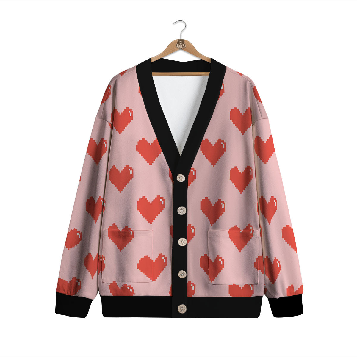 Heart Pixel Print Pattern Cardigan-grizzshop