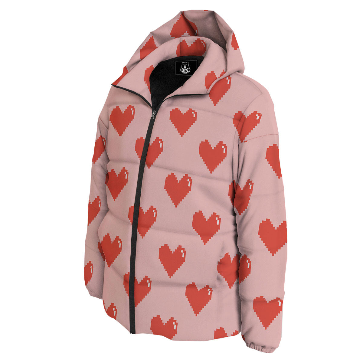 Heart Pixel Print Pattern Down Jacket-grizzshop