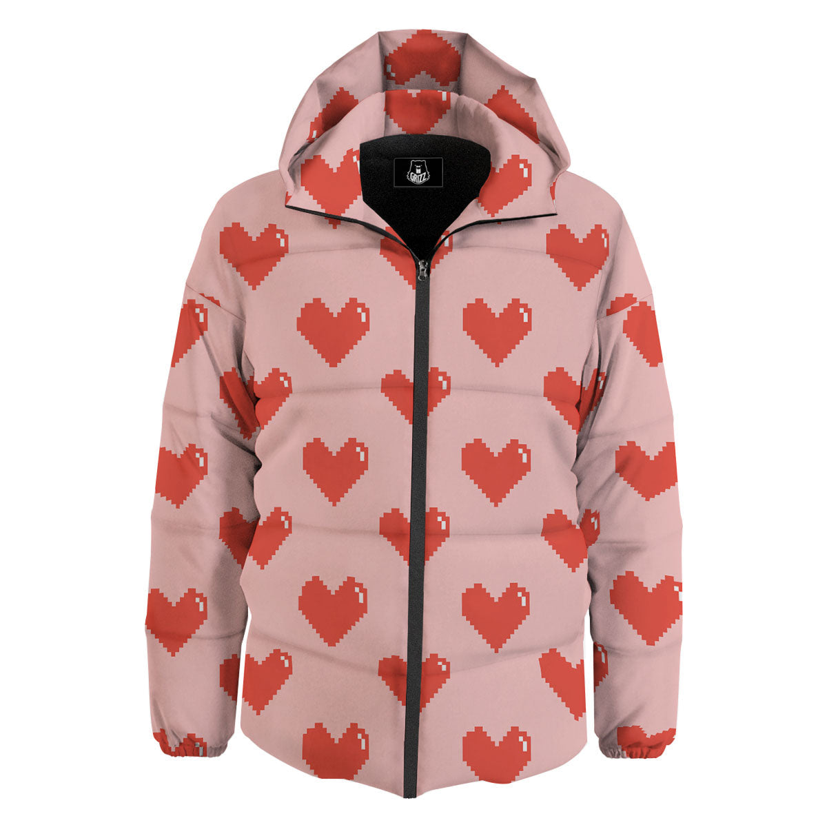 Heart Pixel Print Pattern Down Jacket-grizzshop