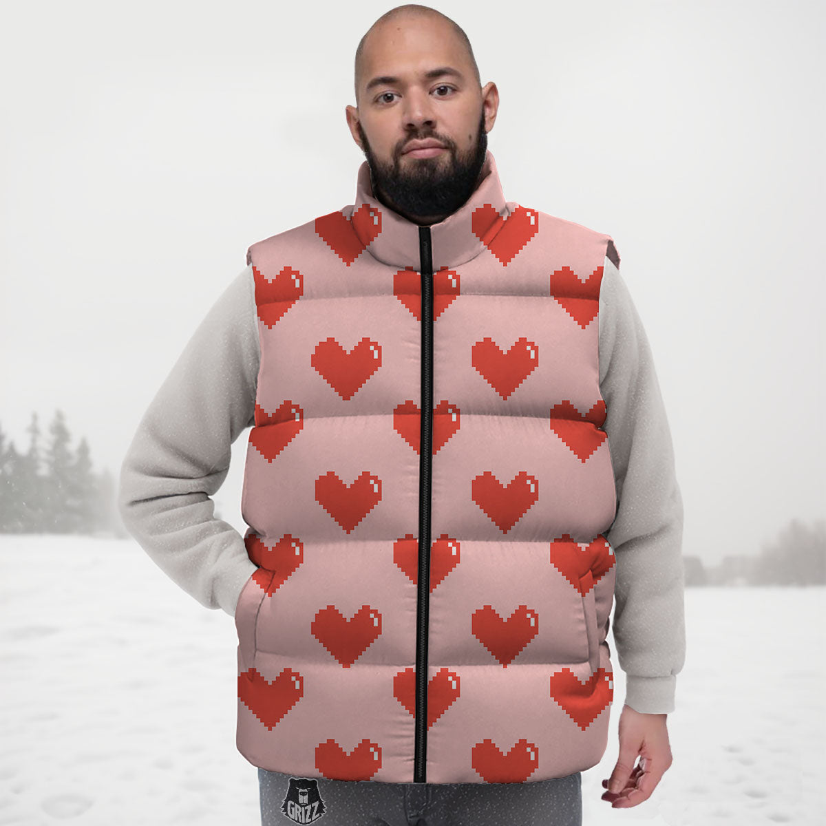 Heart Pixel Print Pattern Down Vest