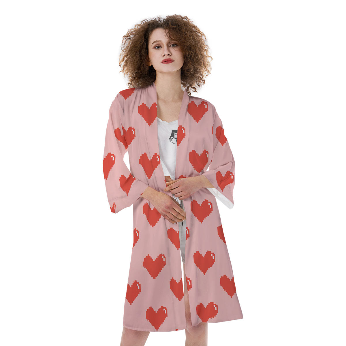 Heart Pixel Print Pattern Kimono-grizzshop