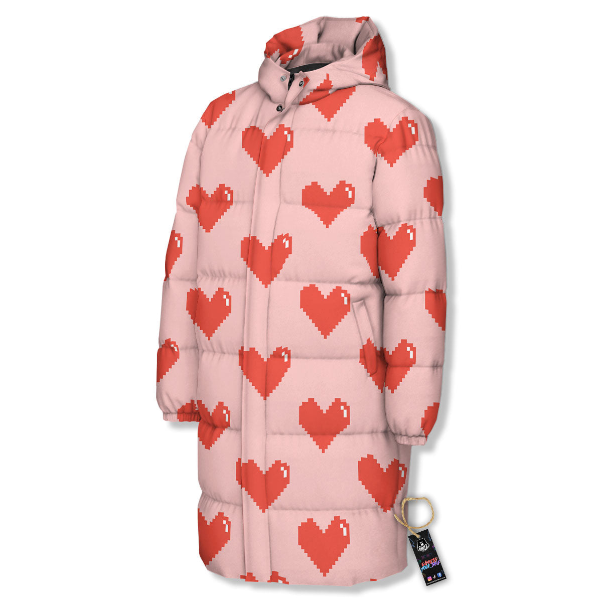 Heart Pixel Print Pattern Long Down Jacket-grizzshop
