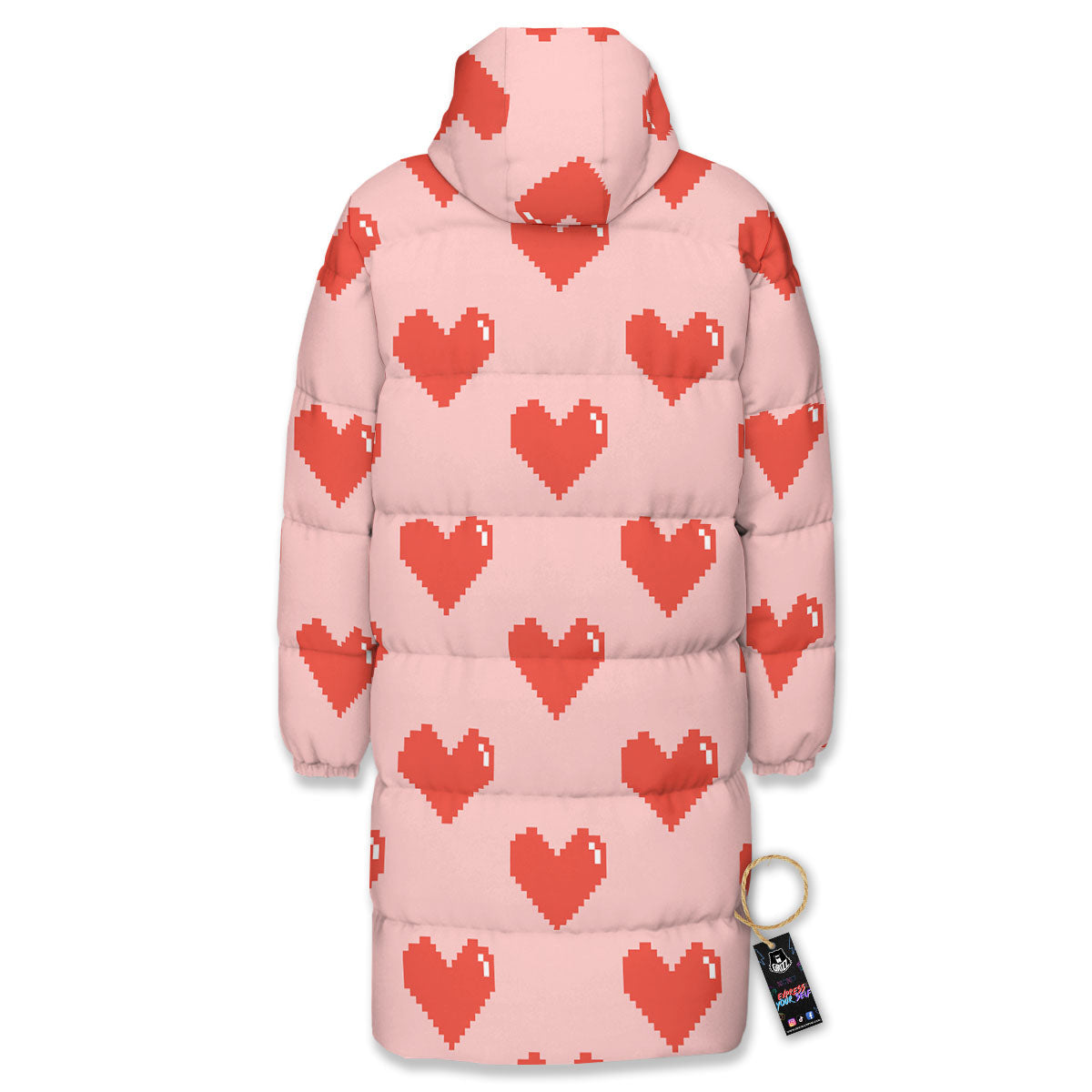 Heart Pixel Print Pattern Long Down Jacket-grizzshop