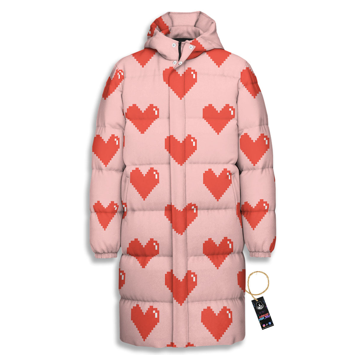 Heart Pixel Print Pattern Long Down Jacket-grizzshop