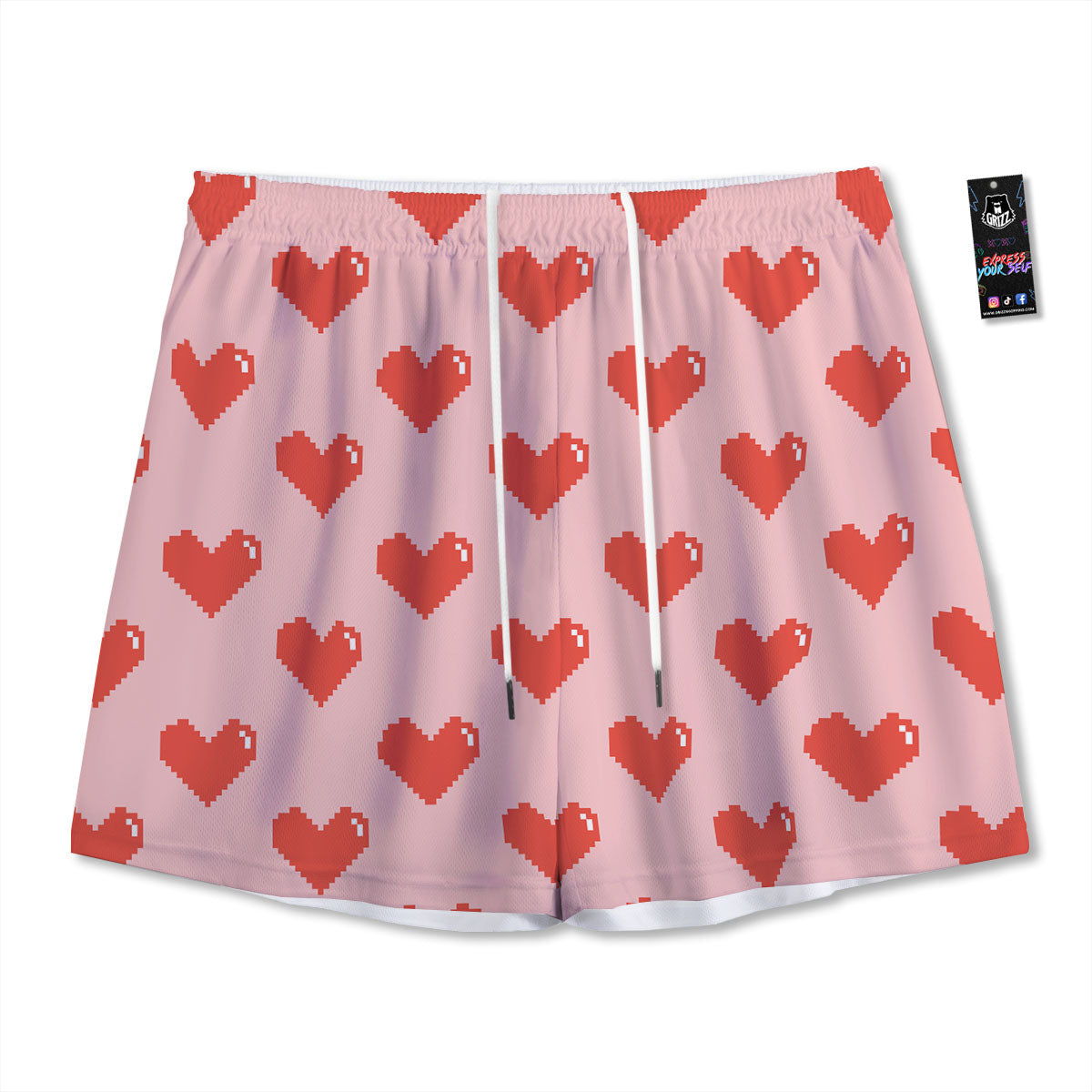 Heart Pixel Print Pattern Mesh Shorts