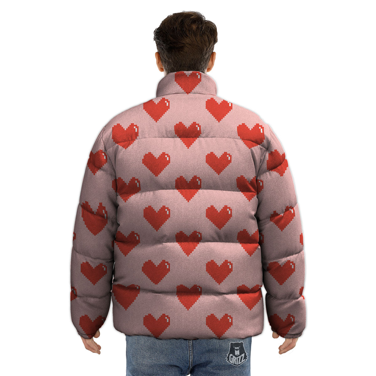 Heart Pixel Print Pattern Puffer Jacket-grizzshop