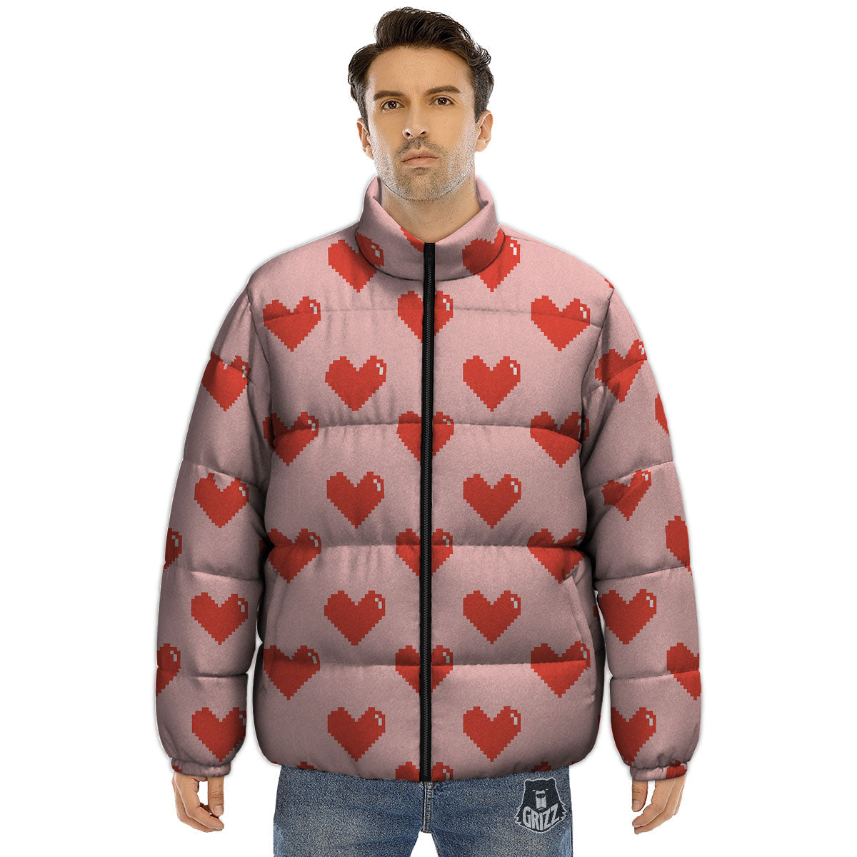Heart Pixel Print Pattern Puffer Jacket-grizzshop