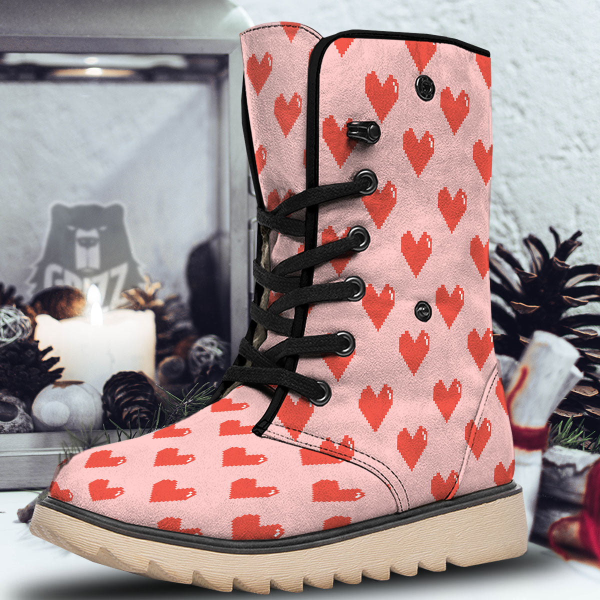 Heart Pixel Print Pattern Snow Boots-grizzshop